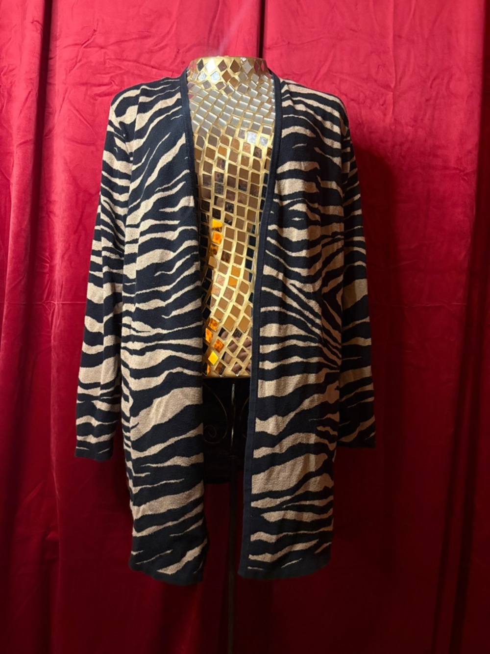 JM Collection Black and Tan Zebra-Style Open Cardigan